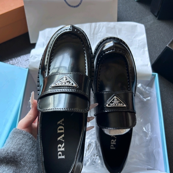 Prada Glossy Black Leather Loafers - Picture 1 of 2
